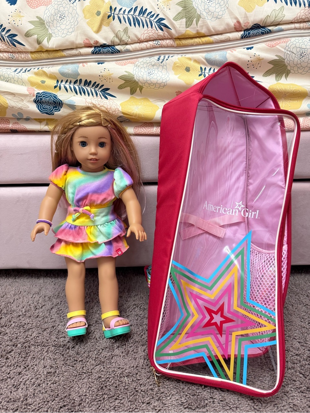 American Girl Doll Summer with Carrying Case and sequin dress